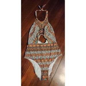 Jolidon‎ One Piece Swimsuit Women M Tribal Geometric Print Halter Cutout